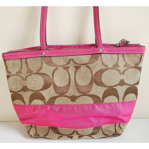 Coach Handbags - Coach Signature Tote Canvas Beige/Pink Shoulder Bag F13548 Leather Trim